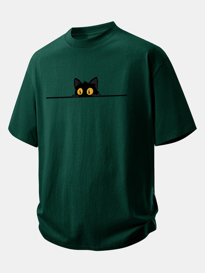 Relax Fit Black Cat Print Cotton T-Shirt