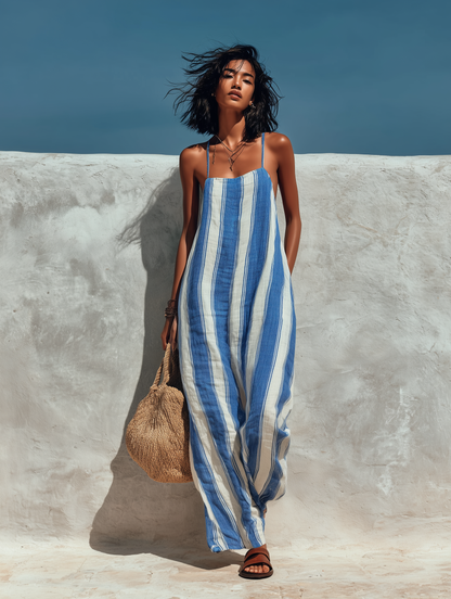 Striped Printed Suspender Jumpsuit