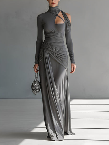 Grey Silky Ruched Cut-Out Maxi Dress