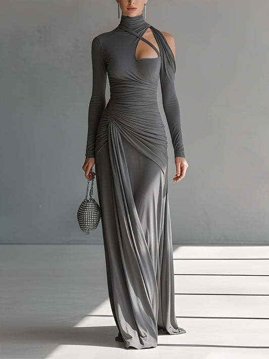 Grey Silky Ruched Cut-Out Maxi Dress