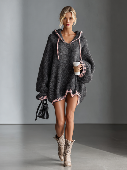 Loose Hooded Pink Trim Knit Mini Dress