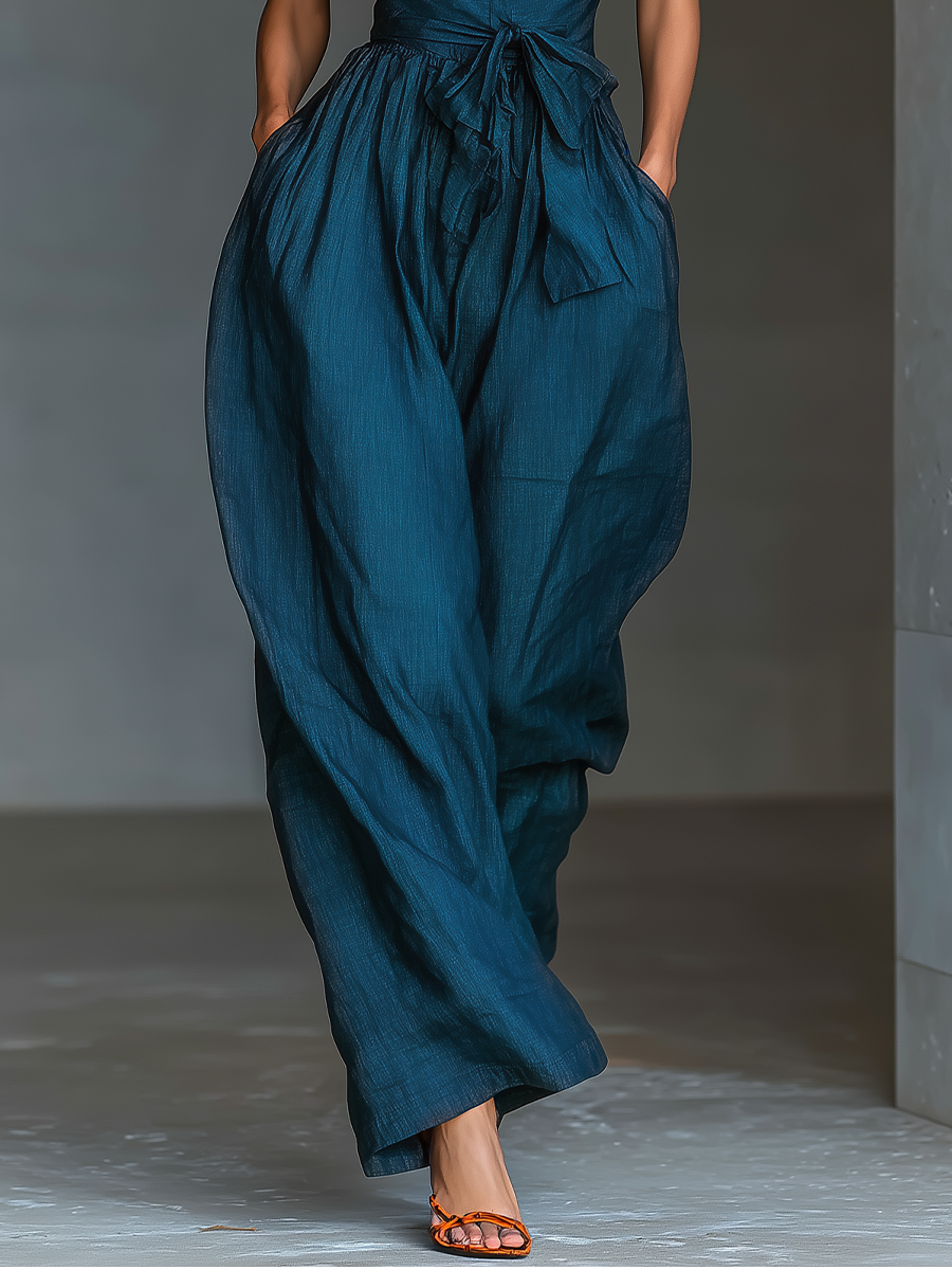 Navy Linen Cross Halter Wide-Leg Jumpsuit