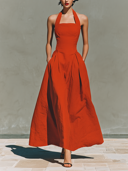 Red Linen Halter Neck Pleated Skirt Maxi Dress