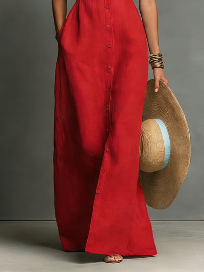 Linen Blend Collared Sleeveless Maxi Shirt Dress
