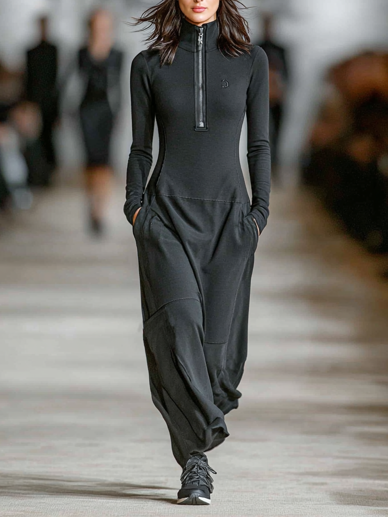 Sports Cotton Half-High Collar Zip Maxi Dress
