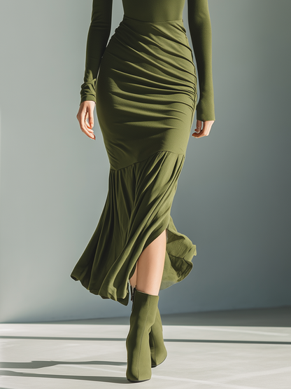 Army Green Stretch Knit High Neck Pleated Slim Maxi Dress
