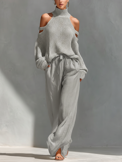 Beige Knit Cold-Shoulder Turtleneck & Wide-Leg Pants Set
