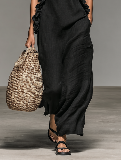 Linen Blend Sleeveless Ruffle Maxi Dress