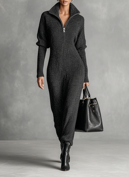 Solid Colour Zipper Neck Knitted Maxi Dress