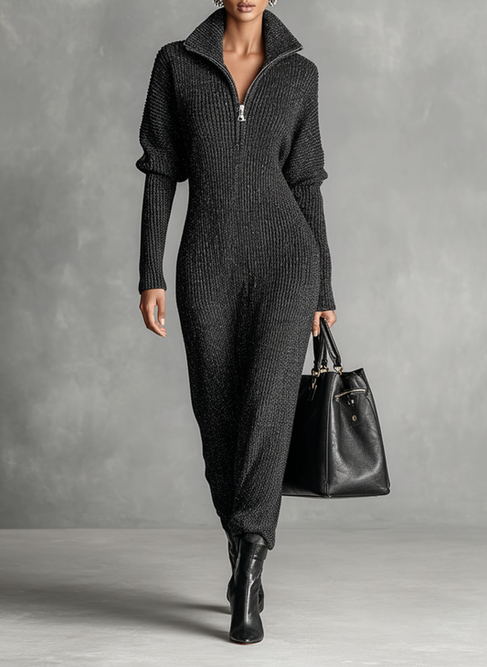 Solid Colour Zipper Neck Knitted Maxi Dress