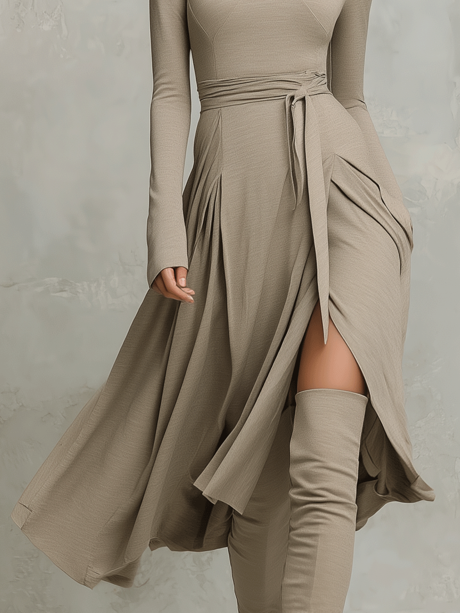 Long Sleeve Knit Blend Fitted Midi Dress
