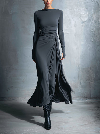 Gray Stretch Fabric Knotted Wrap Maxi Dress