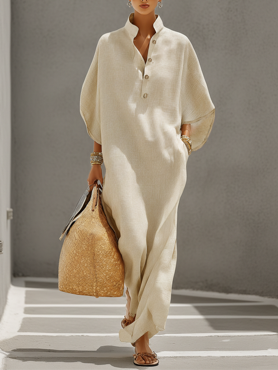 Oatmeal Linen Mandarin Collar Dolman Sleeve Dress