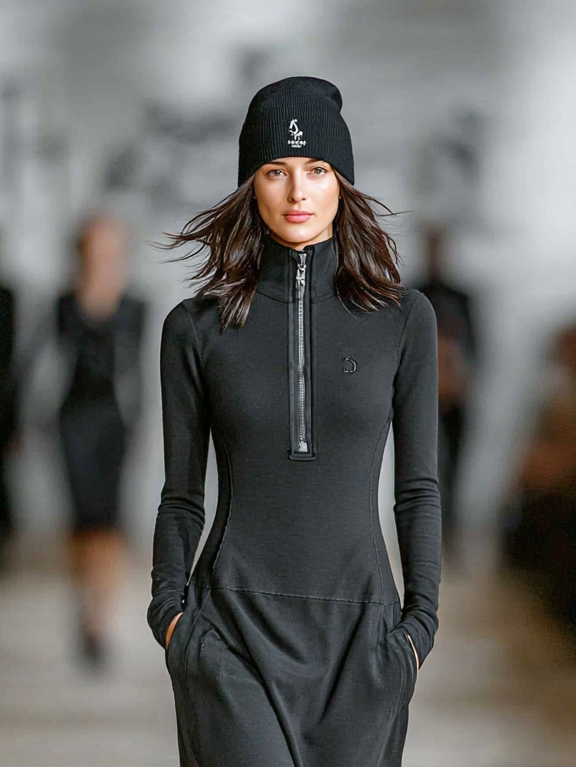 Sports Cotton Half-High Collar Zip Maxi Dress