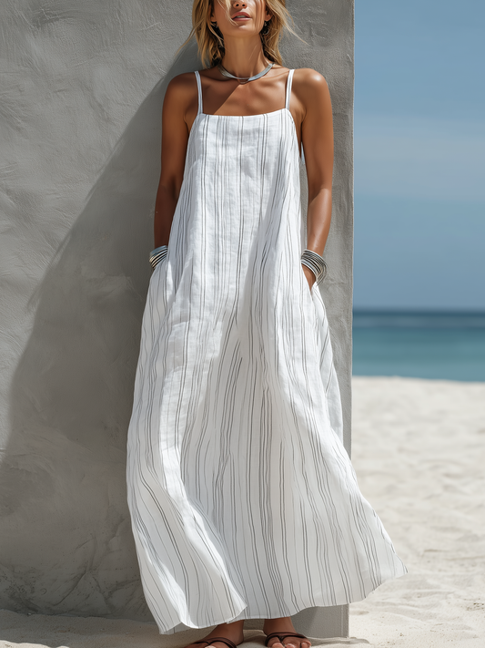 Striped Woven Sleeveless Loose Maxi Dress