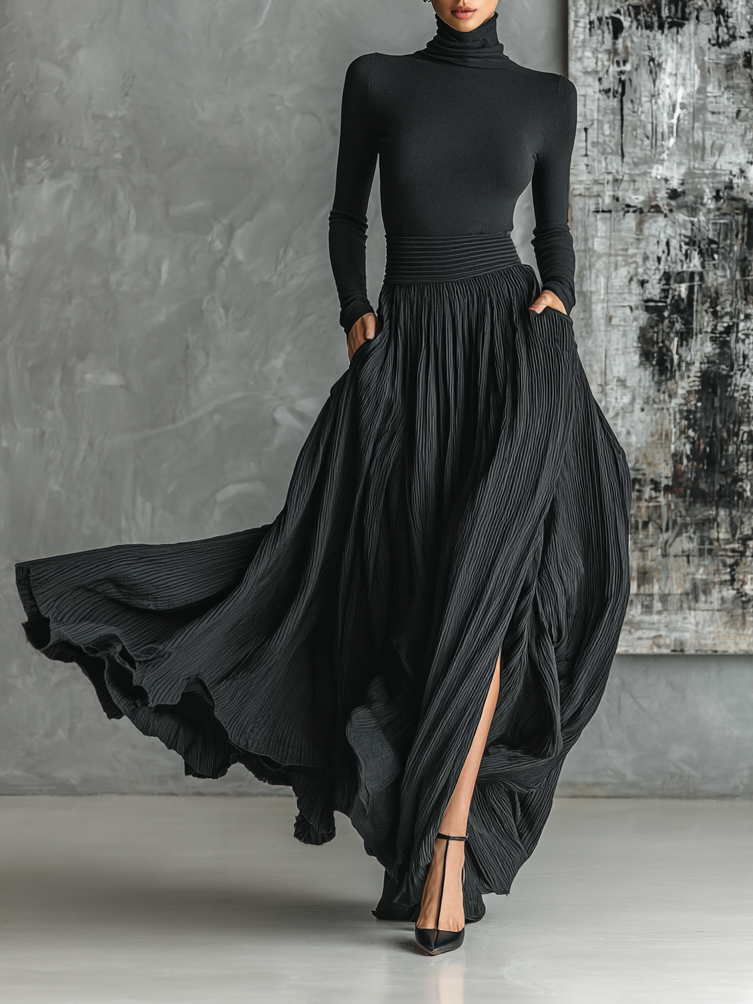 Black Skinny Turtleneck Top & Pleated Skirt Set