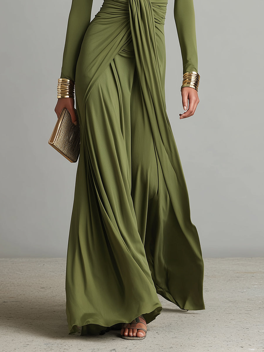 Olive Silky Deep V-Neck Ruched Maxi Dress
