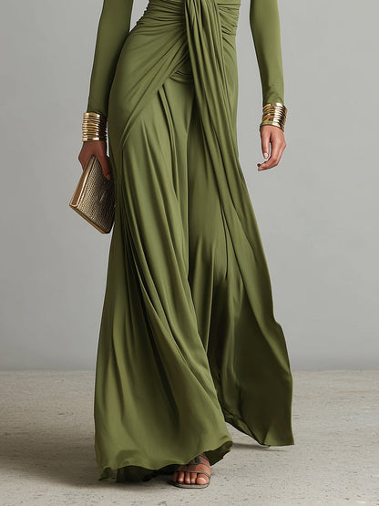 Olive Silky Deep V-Neck Ruched Maxi Dress