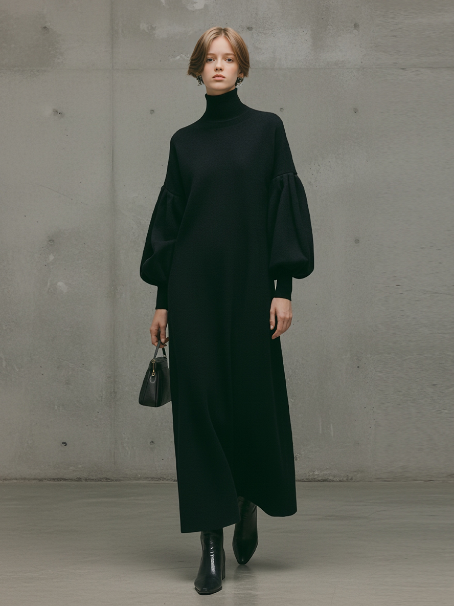 Turtleneck Puff-Sleeve Sweatshirt Maxi Dress