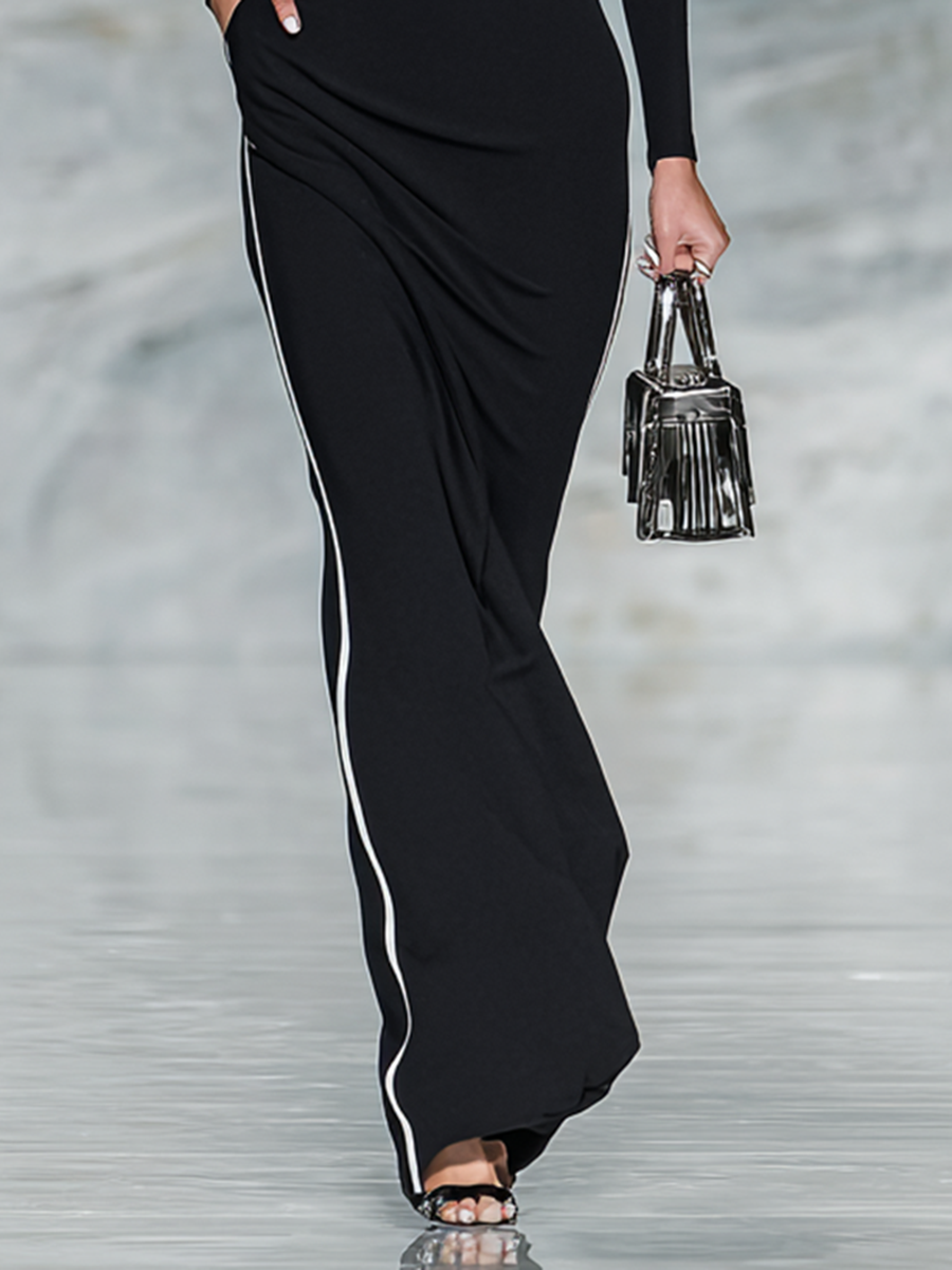 Black & White Trim Square Neck Long Sleeve Fitted Maxi Dress