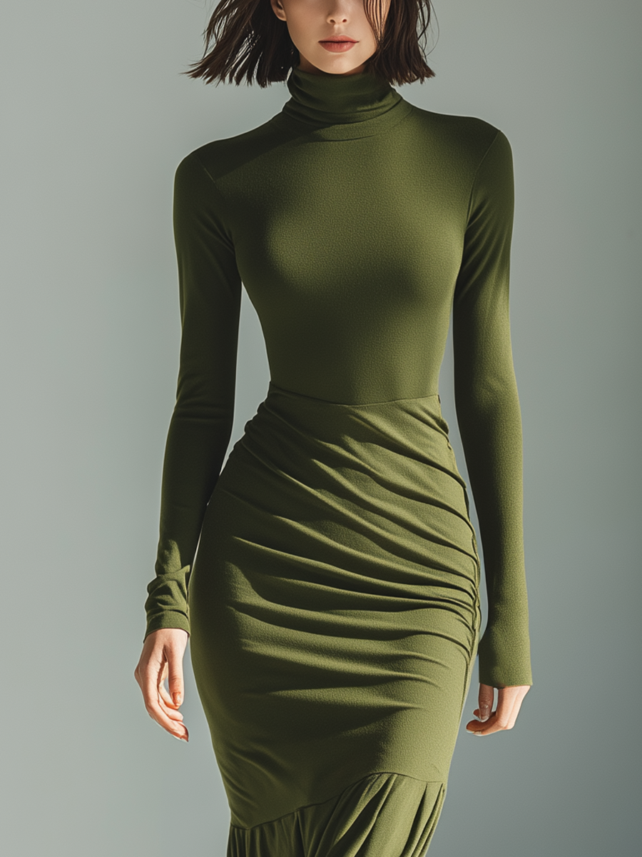 Army Green Stretch Knit High Neck Pleated Slim Maxi Dress