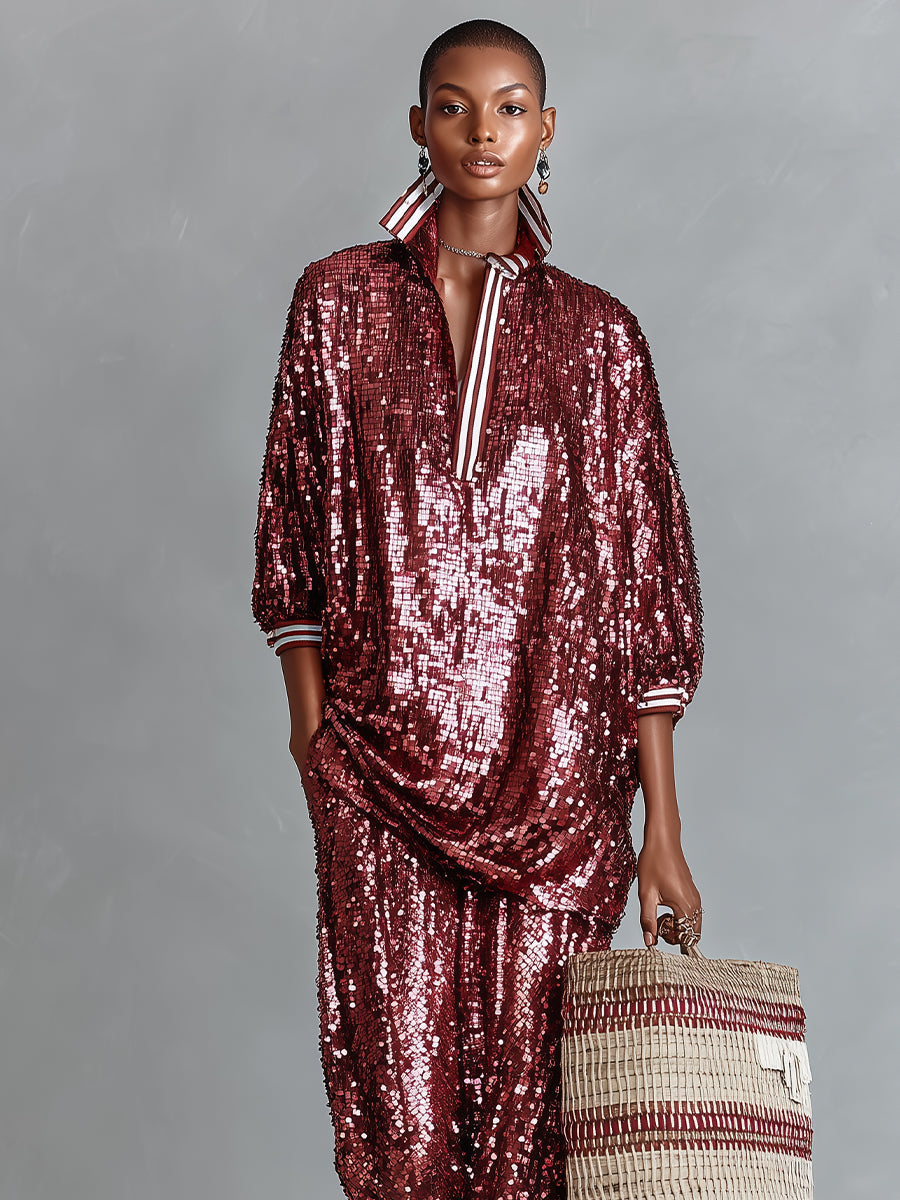 Burgundy Sequin Striped-Trim Oversized Loungewear Set