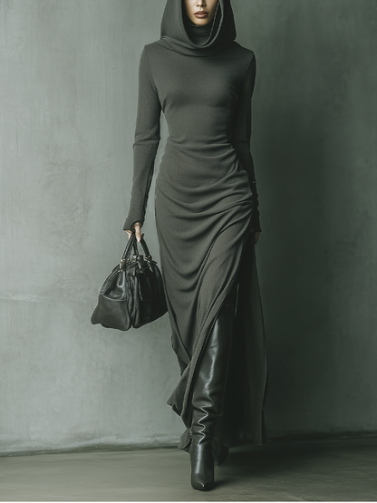 Dark Grey High-Elastic Knit Hooded Maxi Dress