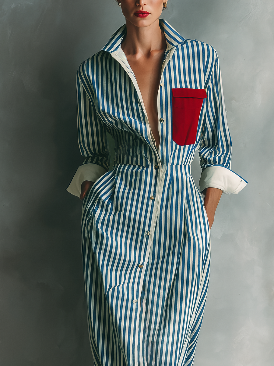 women's Blue And White Cotton Blend Striped Shirt Dress