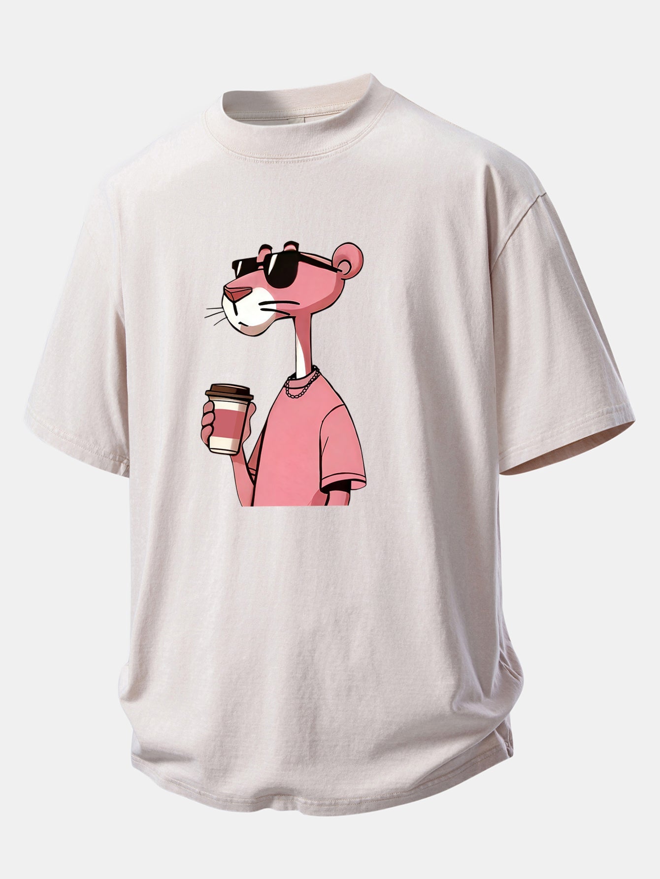 Pink Panther Drinking Coffee Print Washed Distressed Drop Shoulder T-Shirt