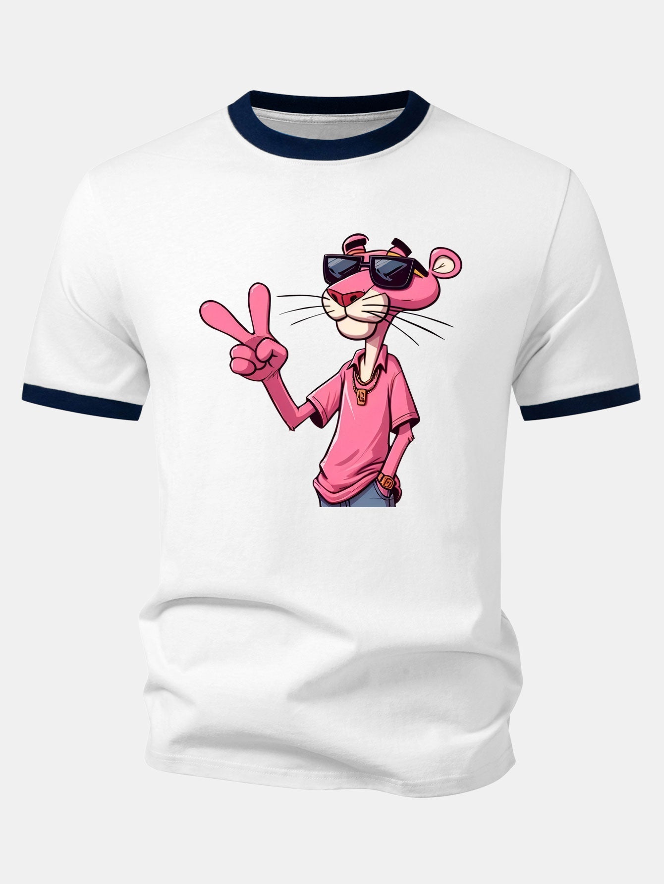 Pink Panther With V Sign Print Contrast Ringer T-Shirt