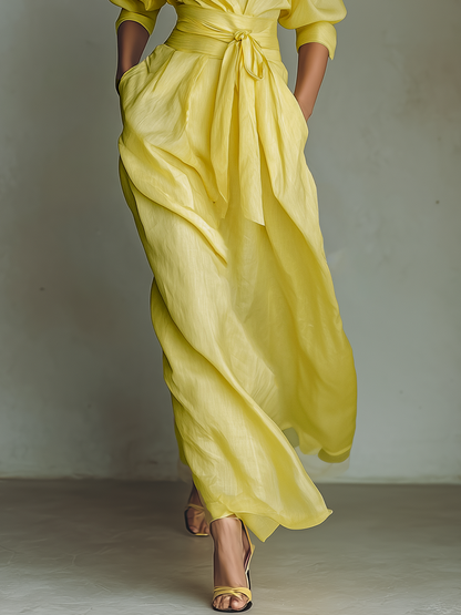 Lemon Yellow Cotton-Linen Tie Waist Maxi Shirt Dress