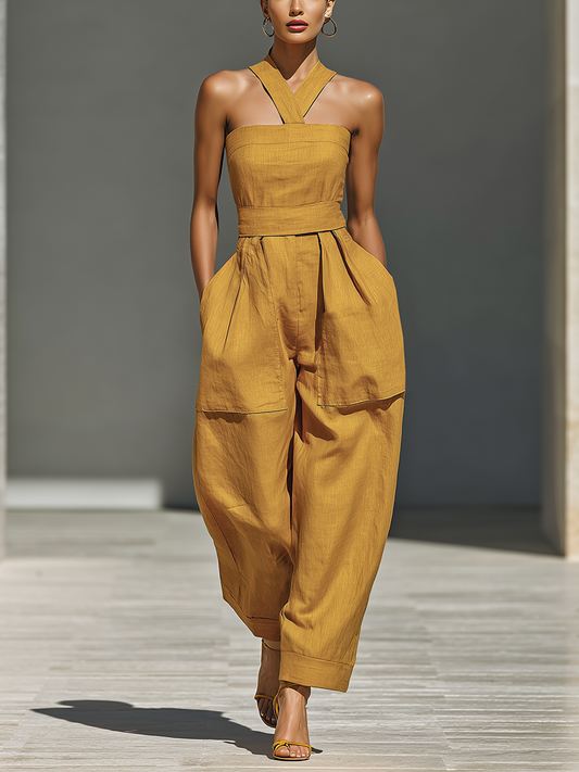 Linen Crisscross Neck Relaxed Jumpsuit