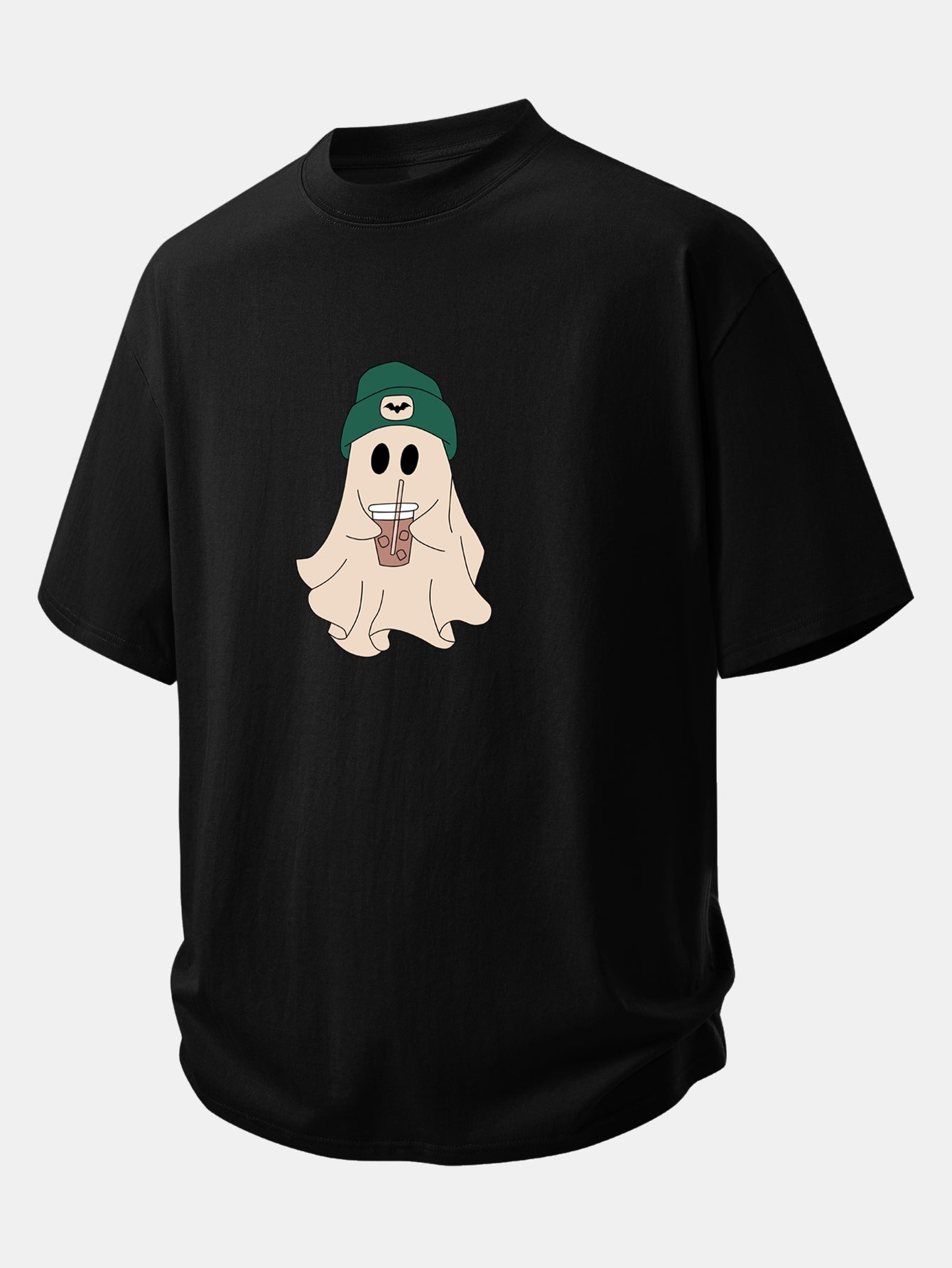 Relax Fit Darkgreen Hat Ghost Print Cotton T-Shirt