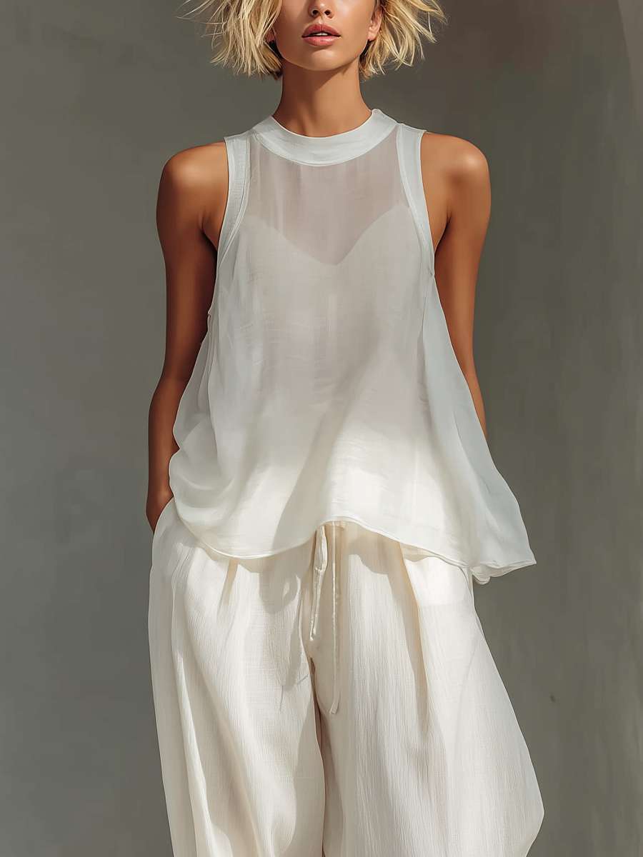 Cream Chiffon Sleeveless Top & Linen Drawstring Wide-Leg Trousers Set