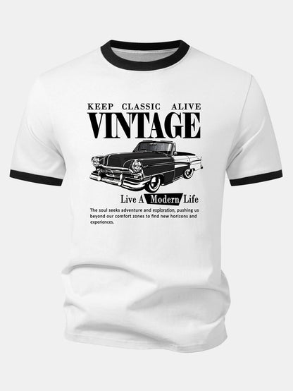 Vintage Car Print Contrast Ringer T-Shirt