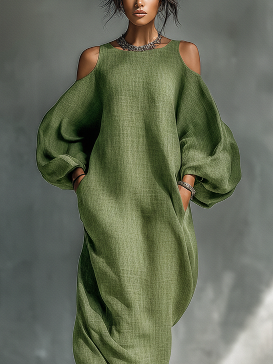 Light Green Cold-Shoulder Puff Sleeve Maxi Dress