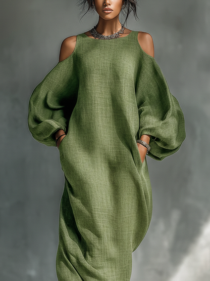 Light Green Cold-Shoulder Puff Sleeve Maxi Dress
