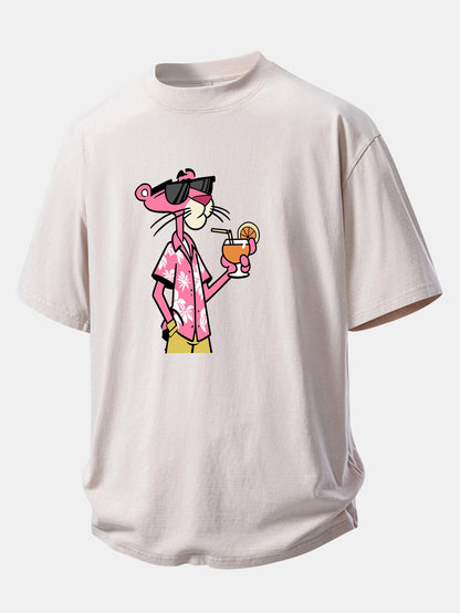 Vacation Pink Panther Print Washed Distressed Drop Shoulder T-Shirt