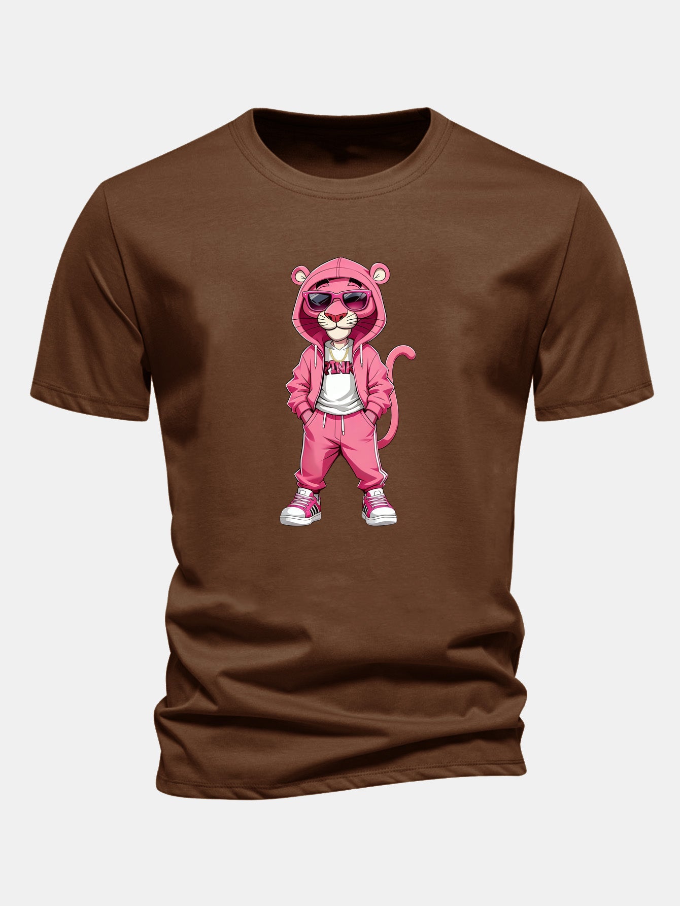 Regular Fit Street Fashion Pink Panther Print Cotton T-Shirt