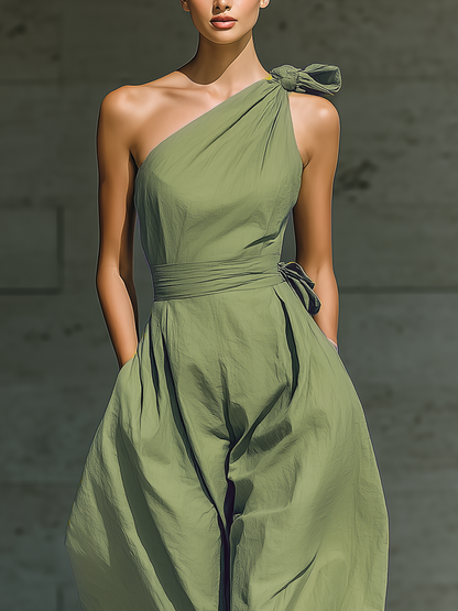 Light Green Cotton-Linen One-Shoulder Tie Waist Wide-Leg Jumpsuit