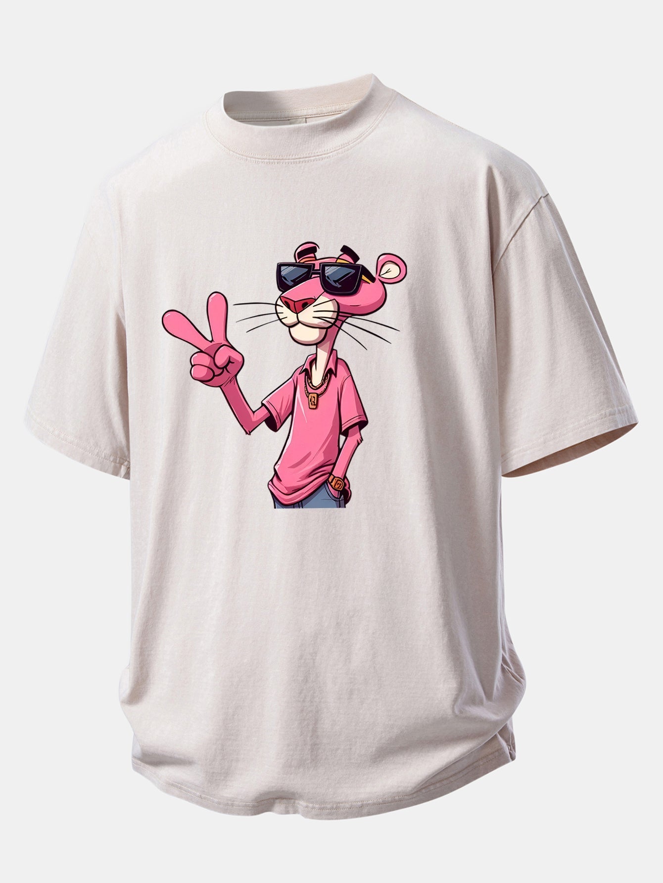 Pink Panther With V Sign Print Washed Distressed Drop Shoulder T-Shirt