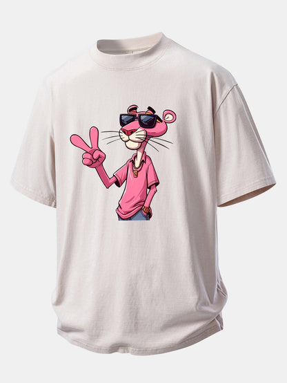 Pink Panther With V Sign Print Washed Distressed Drop Shoulder T-Shirt