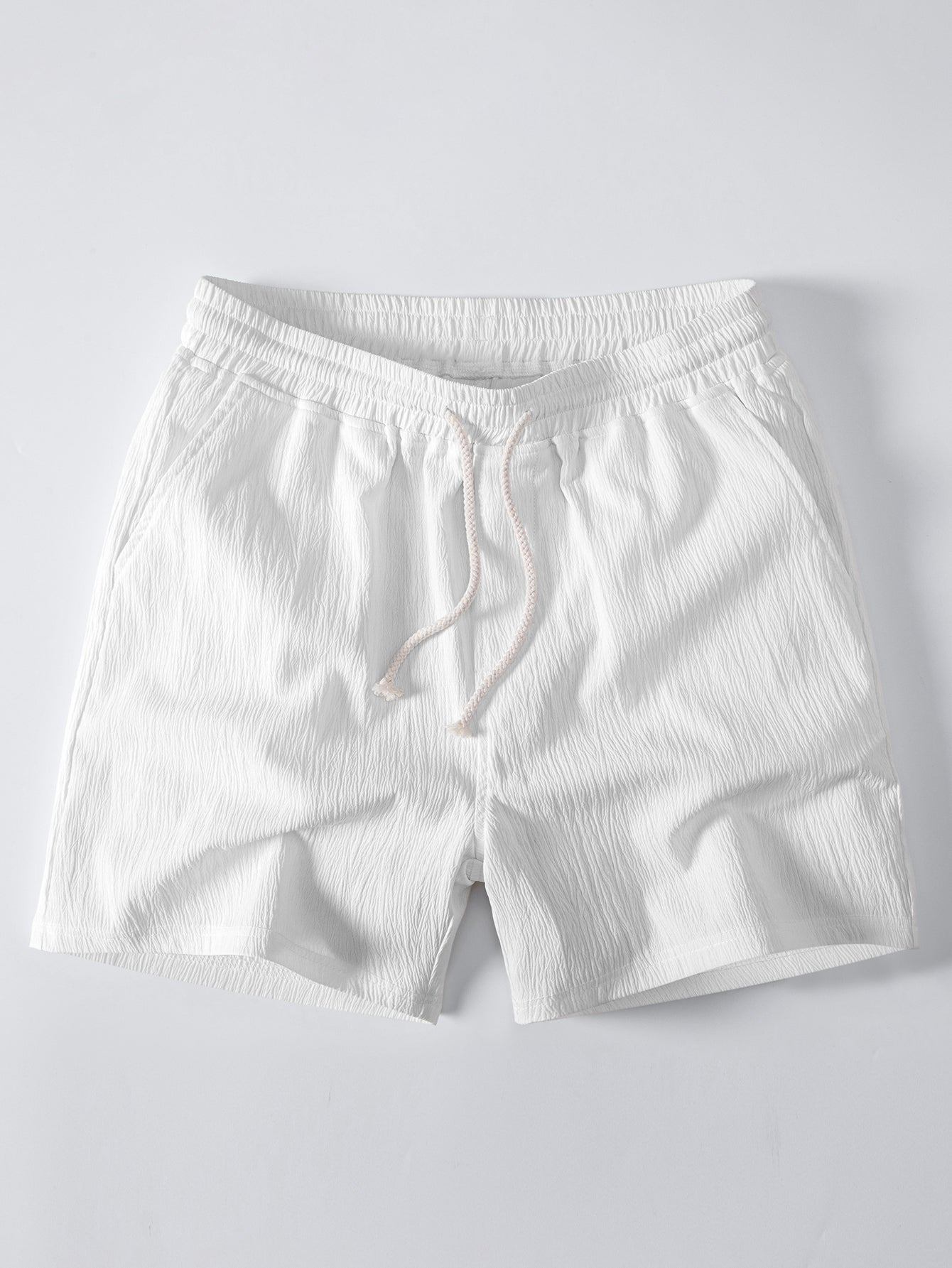 Geometric Jacquard Button Up Shirt & Crinkle Textured Drawstring 5" Shorts