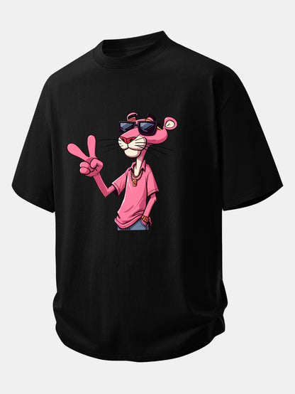 Relax Fit Pink Panther With V Sign Print Cotton T-Shirt