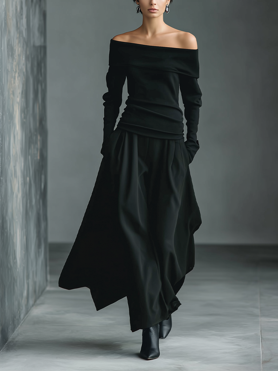 Black Knit Off-Shoulder Top & Woven Skirt Set