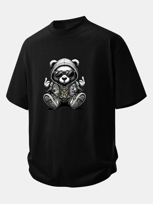 Relax Fit Hip Hop Bear Print Cotton T-Shirt