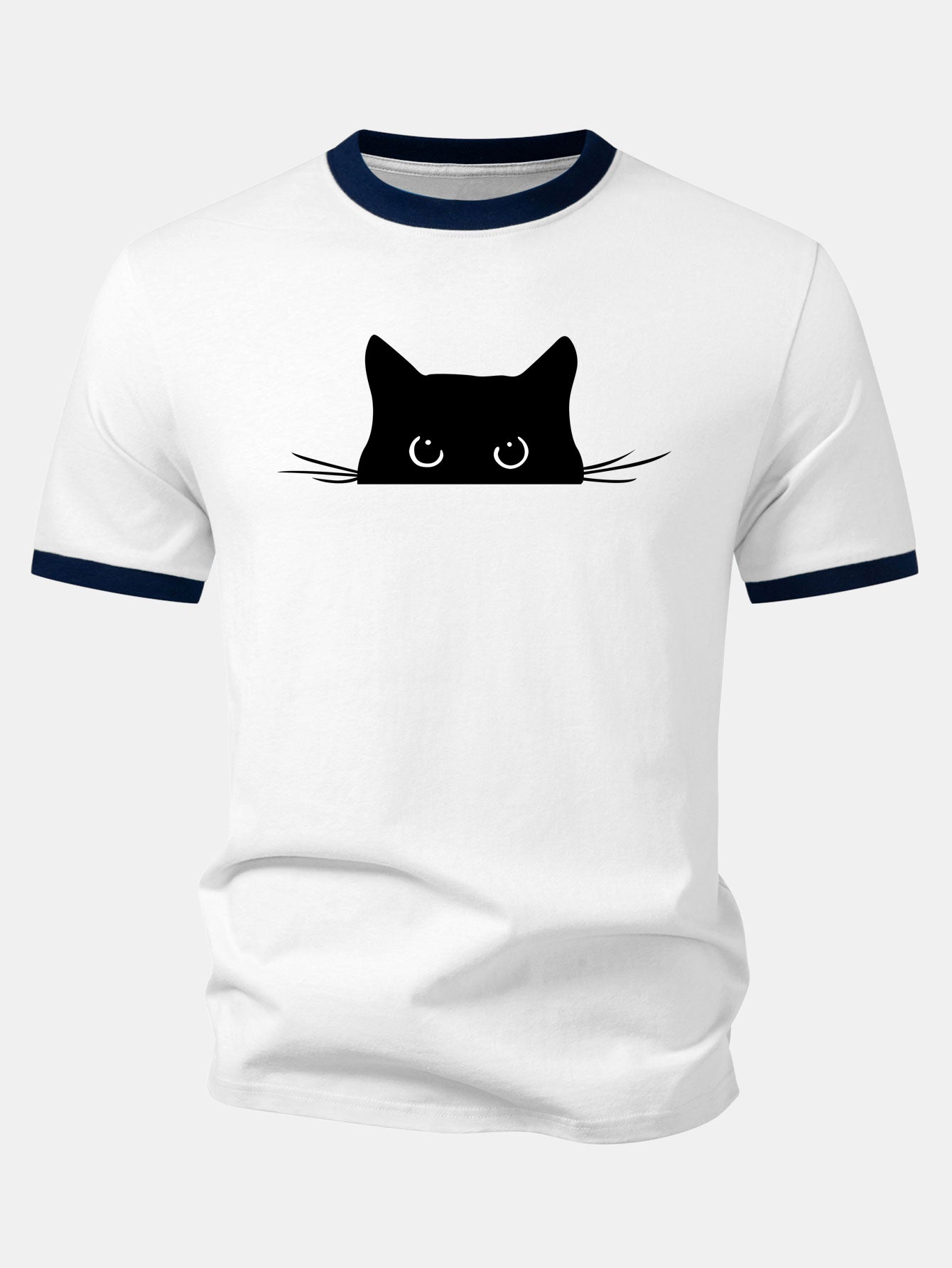 Black Cat Print Contrast Ringer T-Shirt