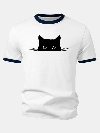 Black Cat Print Contrast Ringer T-Shirt
