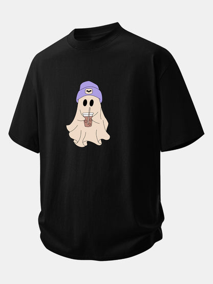 Relax Fit Purple Hat Ghost Print Cotton T-Shirt & Cotton Drawstring 7" Shorts