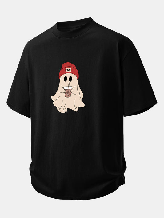 Relax Fit Red Hat Ghost Print Cotton T-Shirt